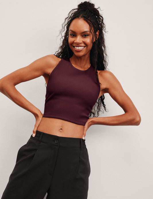 Beyond Yoga Refocus Ribbed Cropped Tank: High-Neck, Built-in Bra, Soft Compression