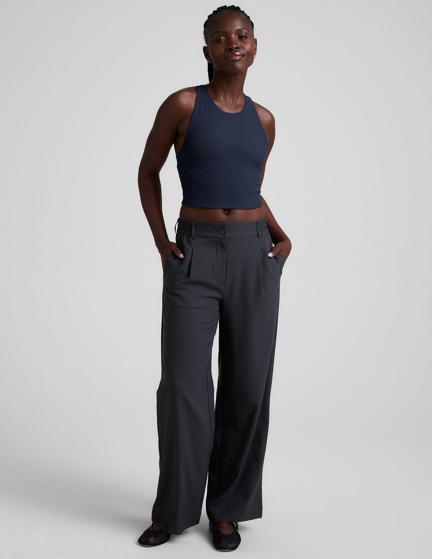 Women's Refocus Ribbed Cropped High-Neck Racerback Tank with Built-in Bra