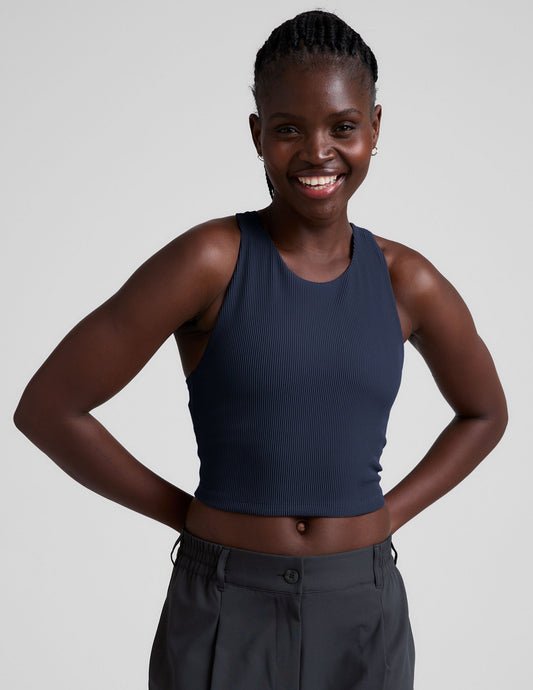 Women's Refocus Ribbed Cropped High-Neck Racerback Tank with Built-in Bra