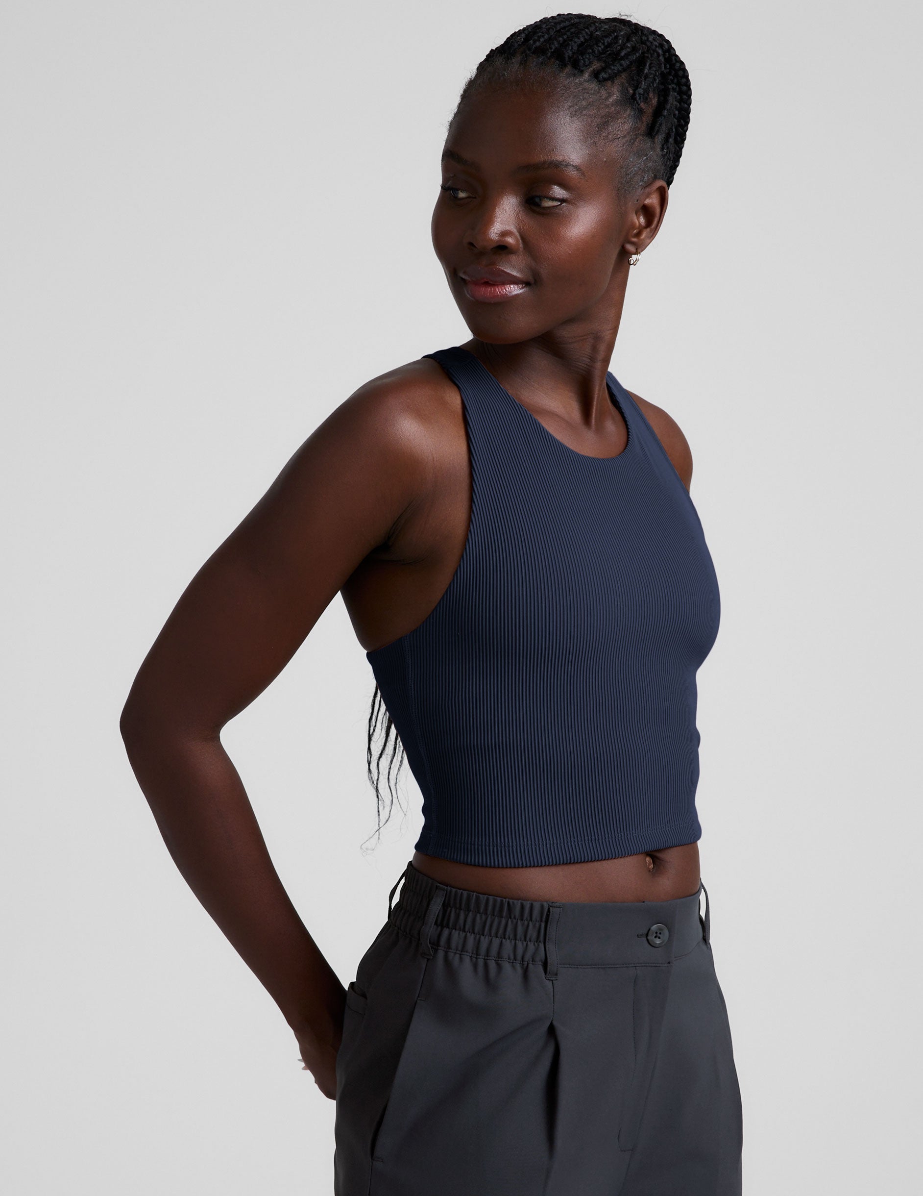 Women's Refocus Ribbed Cropped High-Neck Racerback Tank with Built-in Bra