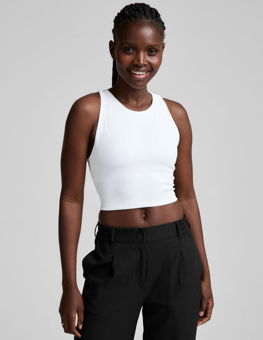 Beyond Yoga Refocus Ribbed Cropped Tank Top: High-Neck, Built-in Bra, Soft Compression