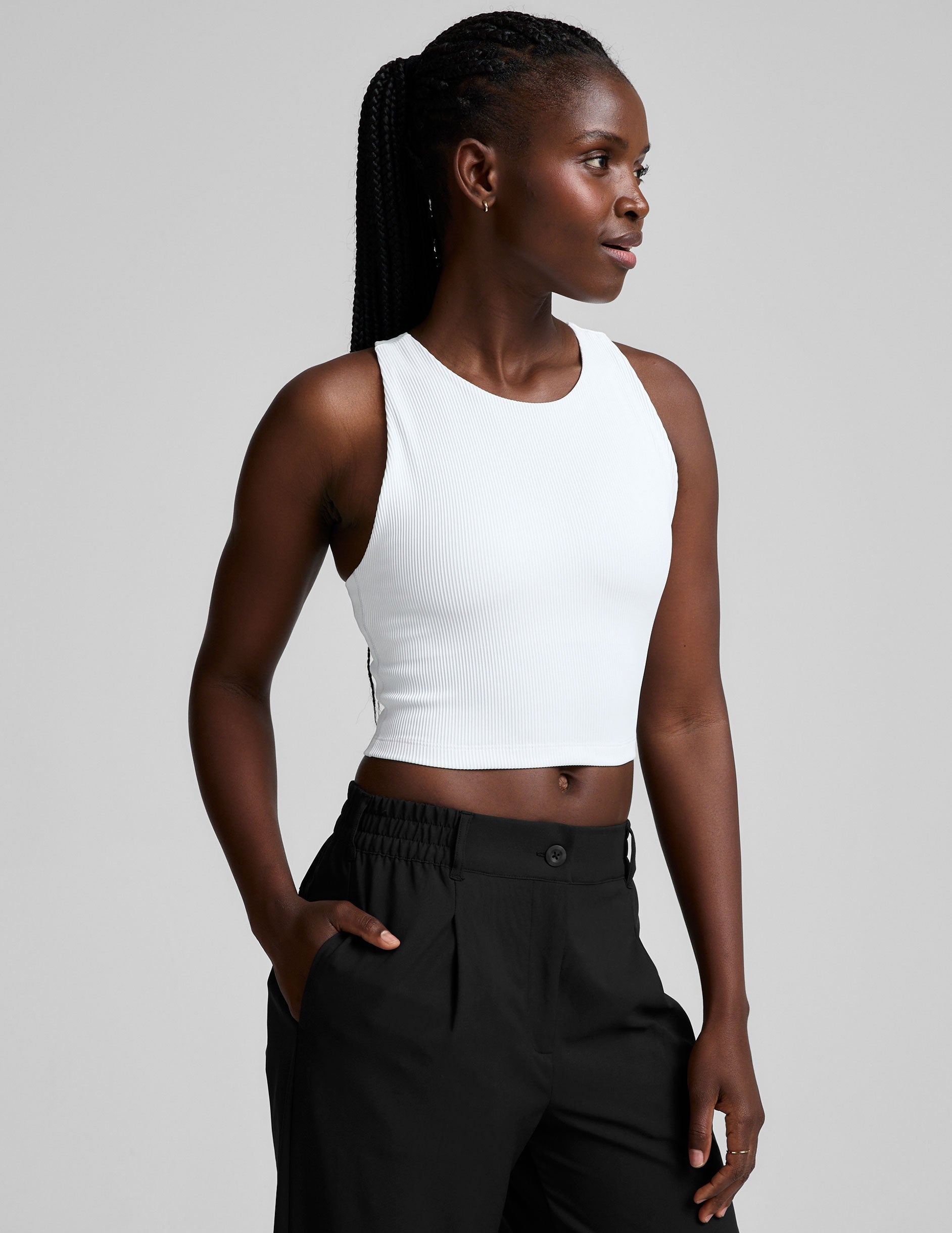 Beyond Yoga Refocus Ribbed Cropped Tank Top: High-Neck, Built-in Bra, Soft Compression