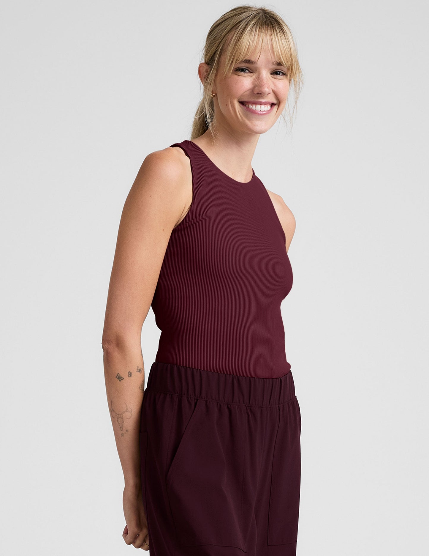 Beyond Yoga Refocus Ribbed High-Neck Racerback Tank Top with Shelf Bra