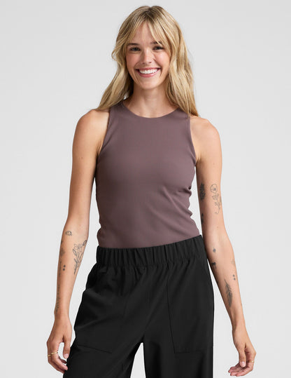 Women's Ribbed High-Neck Racerback Tank Top - Smoothing, Moisture-Wicking Comfort