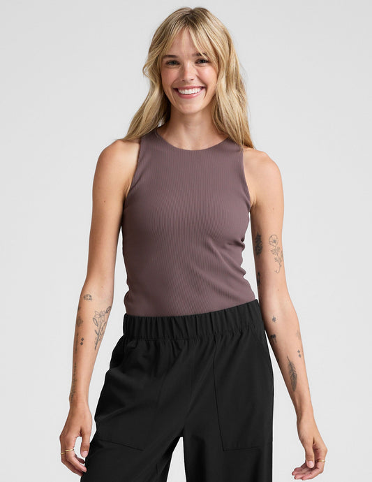 Women's Ribbed High-Neck Racerback Tank Top - Smoothing, Moisture-Wicking Comfort