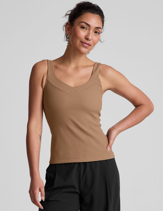 Comfortable Ribbed Tank Top with Built-in Shelf Bra - Desert Sand
