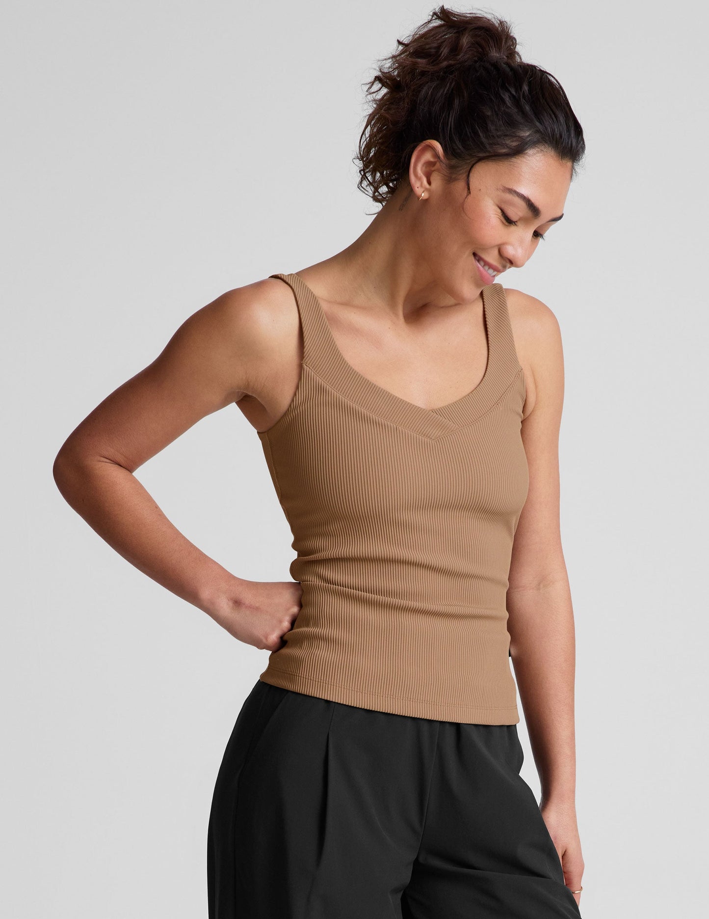 Comfortable Ribbed Tank Top with Built-in Shelf Bra - Desert Sand