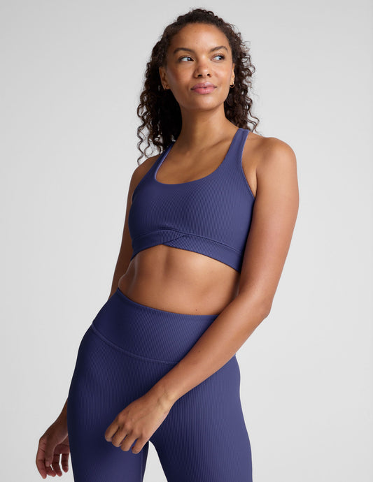 Impulse Ribbed Racerback Sports Bra with Overlap Hem and Removable Pads