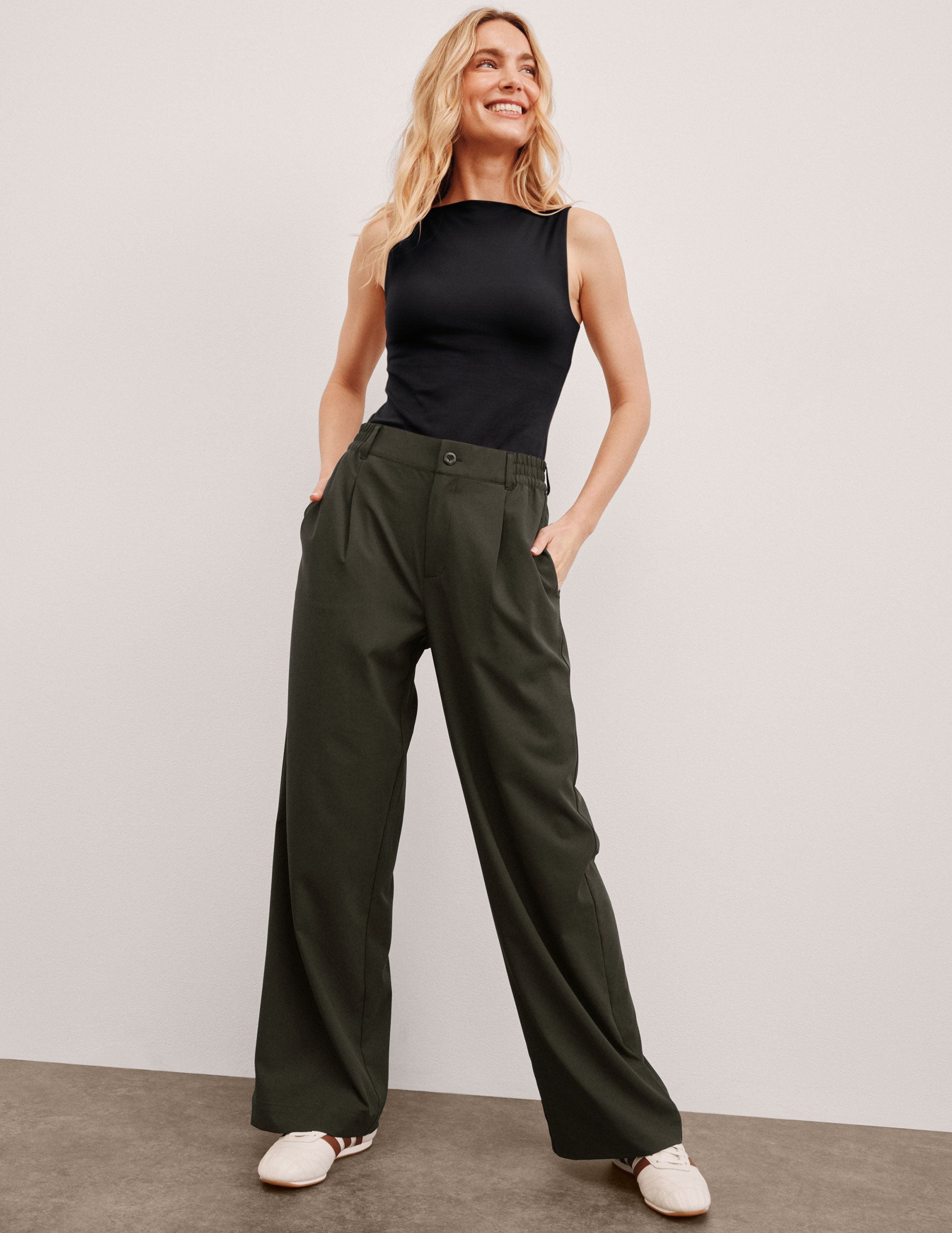 Versatile Olive Ink Wide Leg Trousers: Flowy Comfort, Tailored Style, Pockets, Elastic Waist