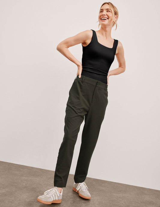 Comfortable Mid-Rise Tapered Pant: Lightweight Jetstretch Woven, Pockets, Belt Loops