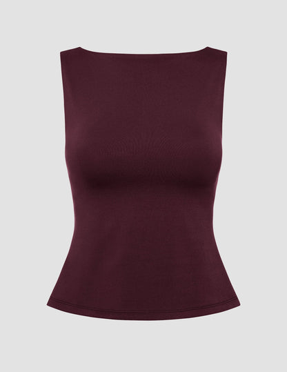 Stylish Eclipse Open Back Tank Top, Comfortable Built-in Shelf Bra, Fitted Design