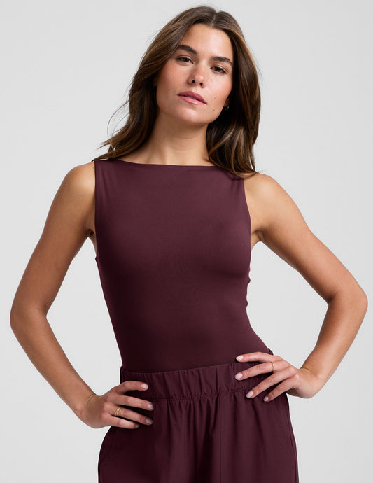 Stylish Eclipse Open Back Tank Top, Comfortable Built-in Shelf Bra, Fitted Design