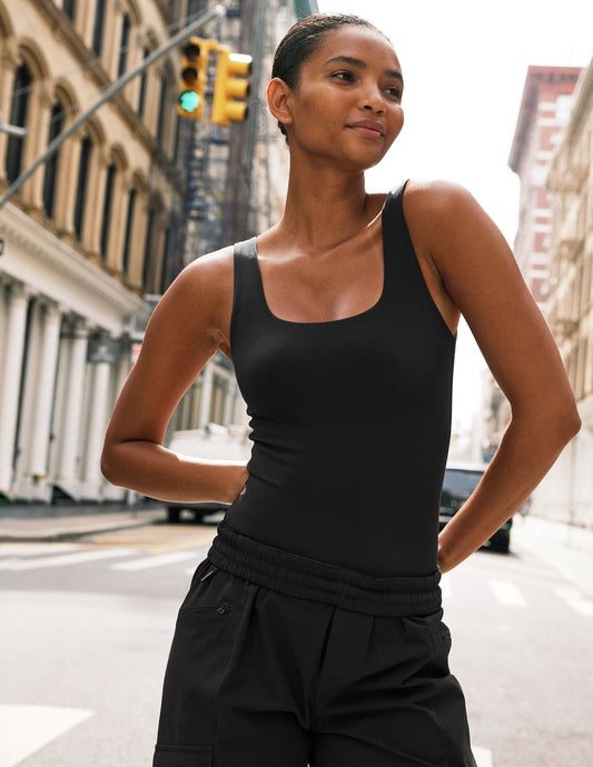 Women's Black Double-Layered Square Neck Tank Bodysuit - Fitted Thong Style