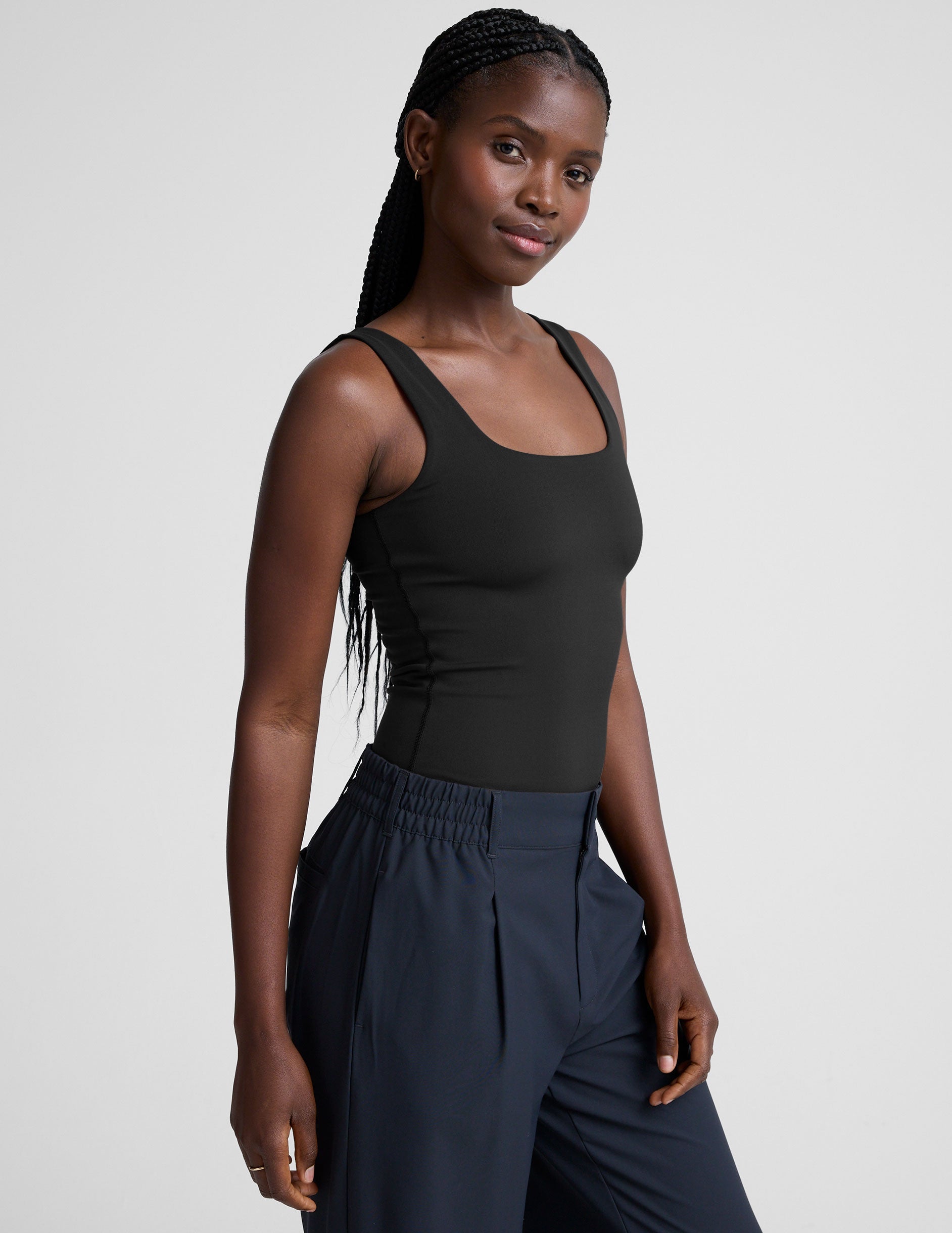 Women's Black Double-Layered Square Neck Tank Bodysuit - Fitted Thong Style