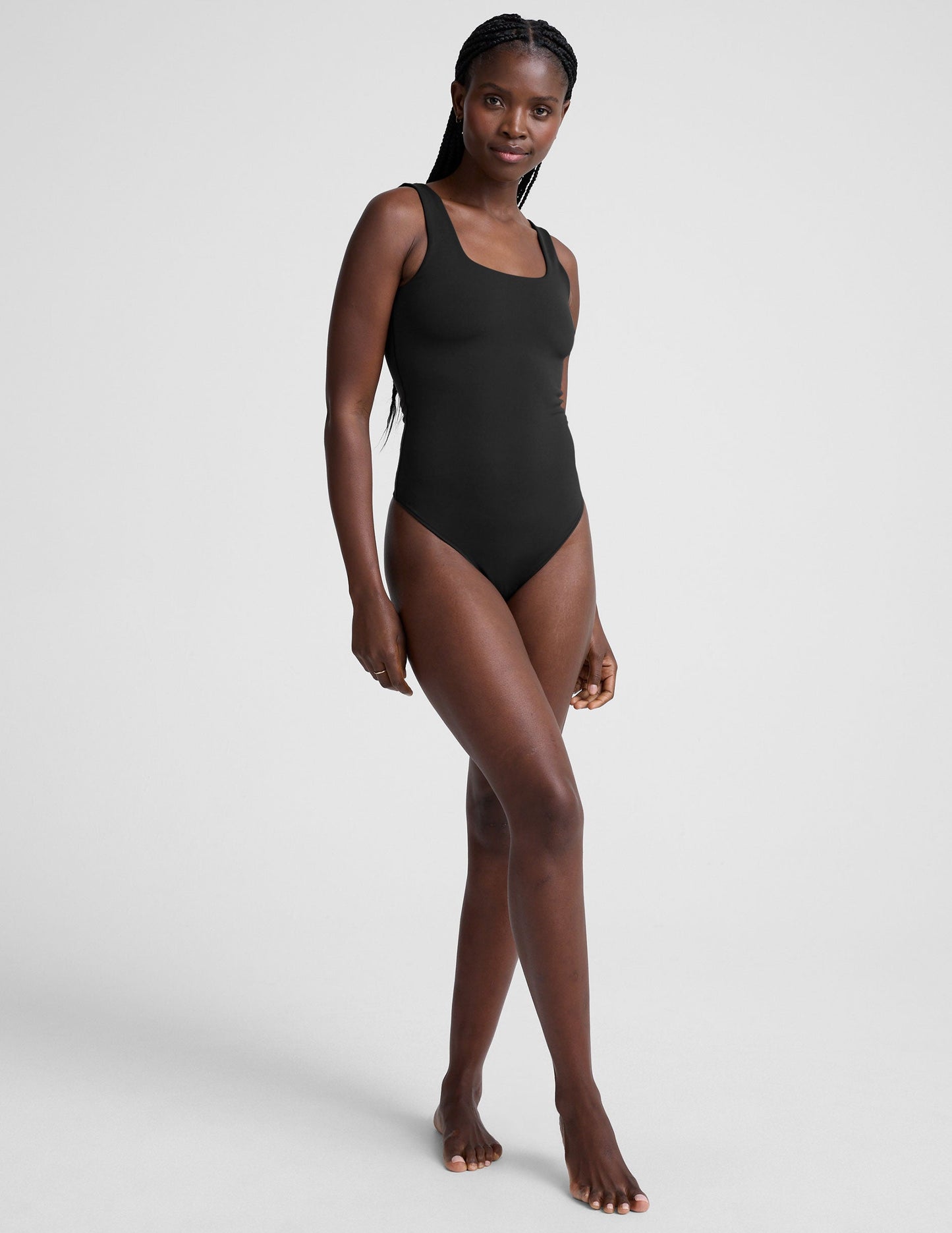 Women's Black Double-Layered Square Neck Tank Bodysuit - Fitted Thong Style