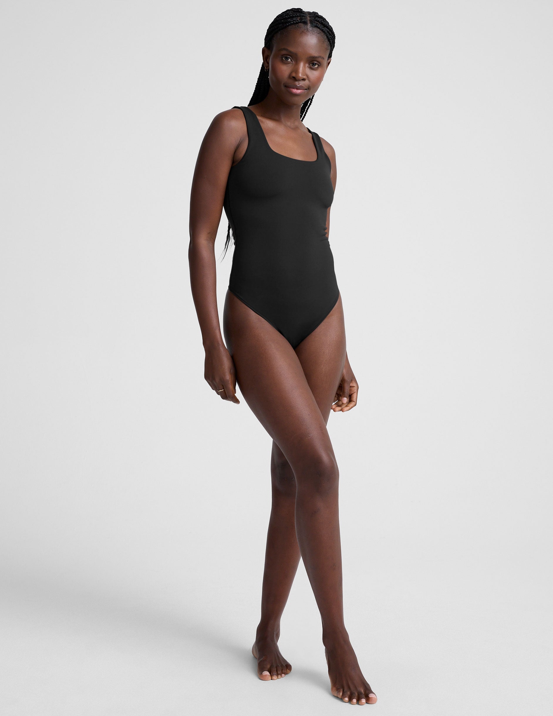 Women's Black Double-Layered Square Neck Tank Bodysuit - Fitted Thong Style