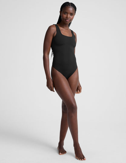 Women's Black Double-Layered Square Neck Tank Bodysuit - Fitted Thong Style