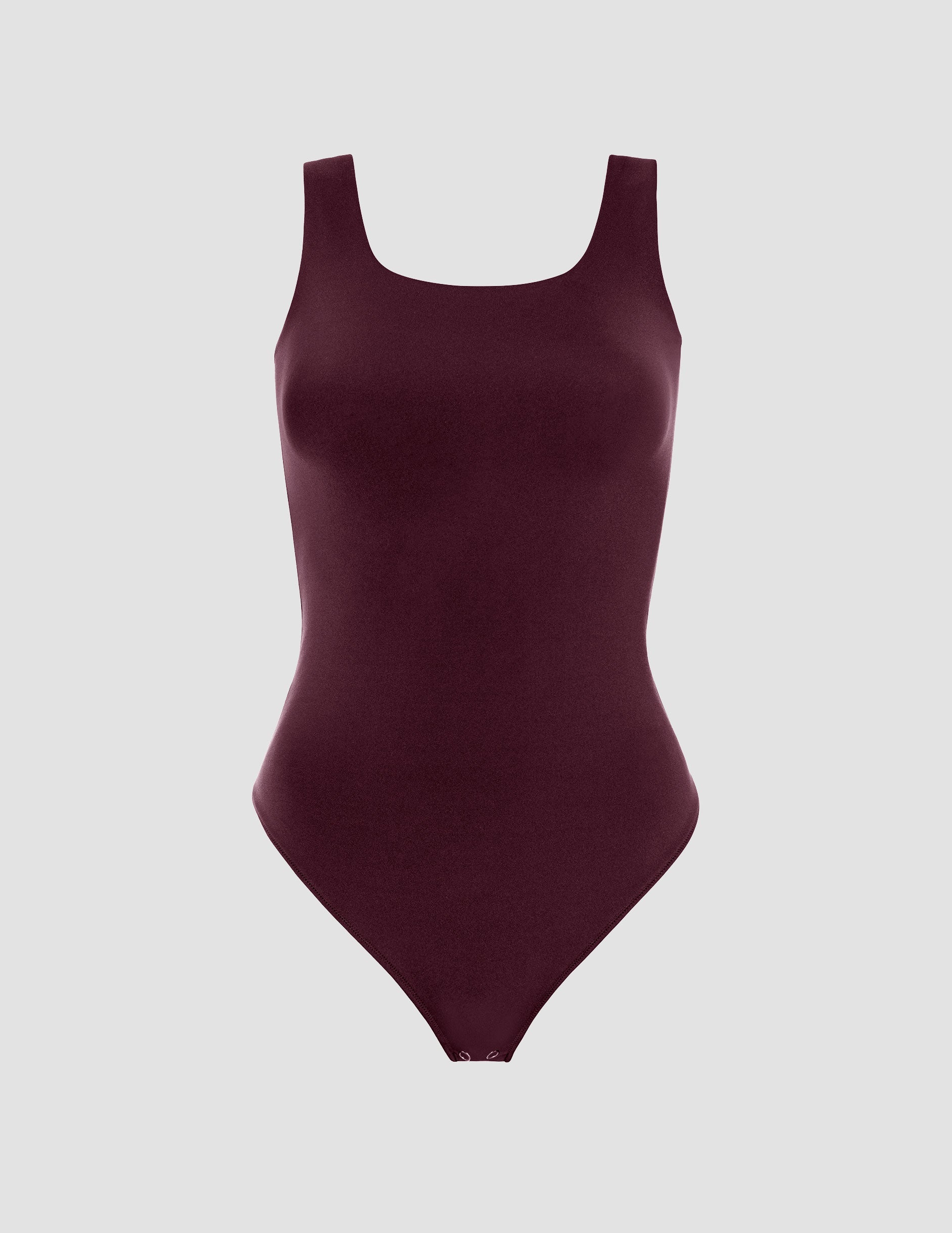 Chic Dark Cherry Double-Layered Tank Bodysuit: Fitted Square Neck Thong Style