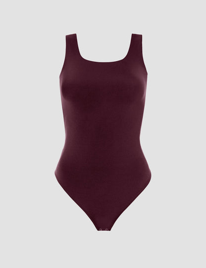 Chic Dark Cherry Double-Layered Tank Bodysuit: Fitted Square Neck Thong Style
