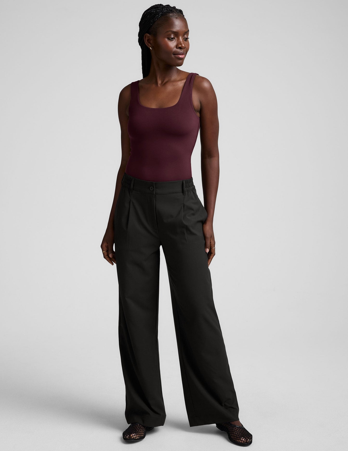 Chic Dark Cherry Double-Layered Tank Bodysuit: Fitted Square Neck Thong Style