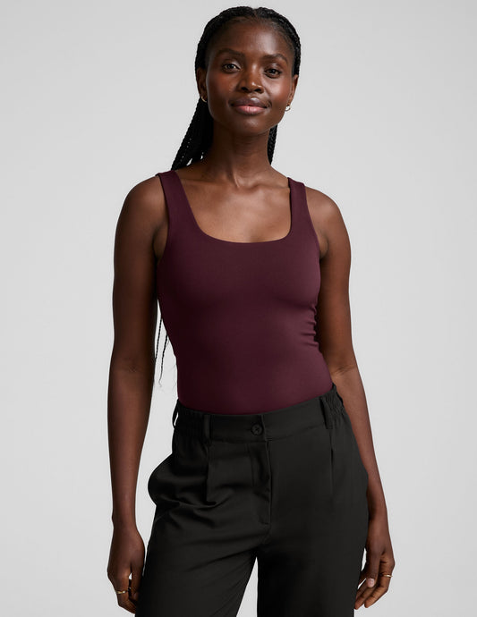 Chic Dark Cherry Double-Layered Tank Bodysuit: Fitted Square Neck Thong Style