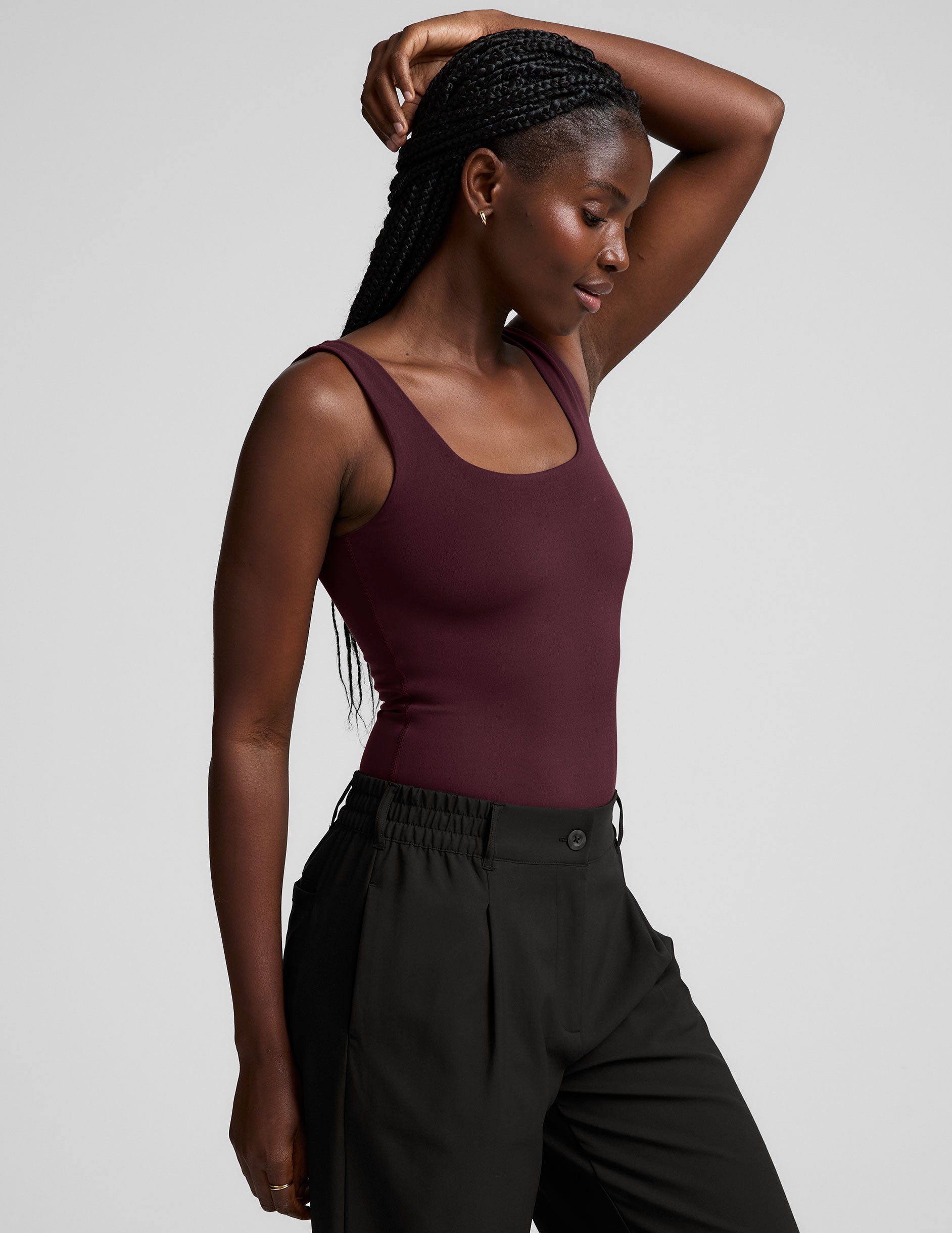 Chic Dark Cherry Double-Layered Tank Bodysuit: Fitted Square Neck Thong Style