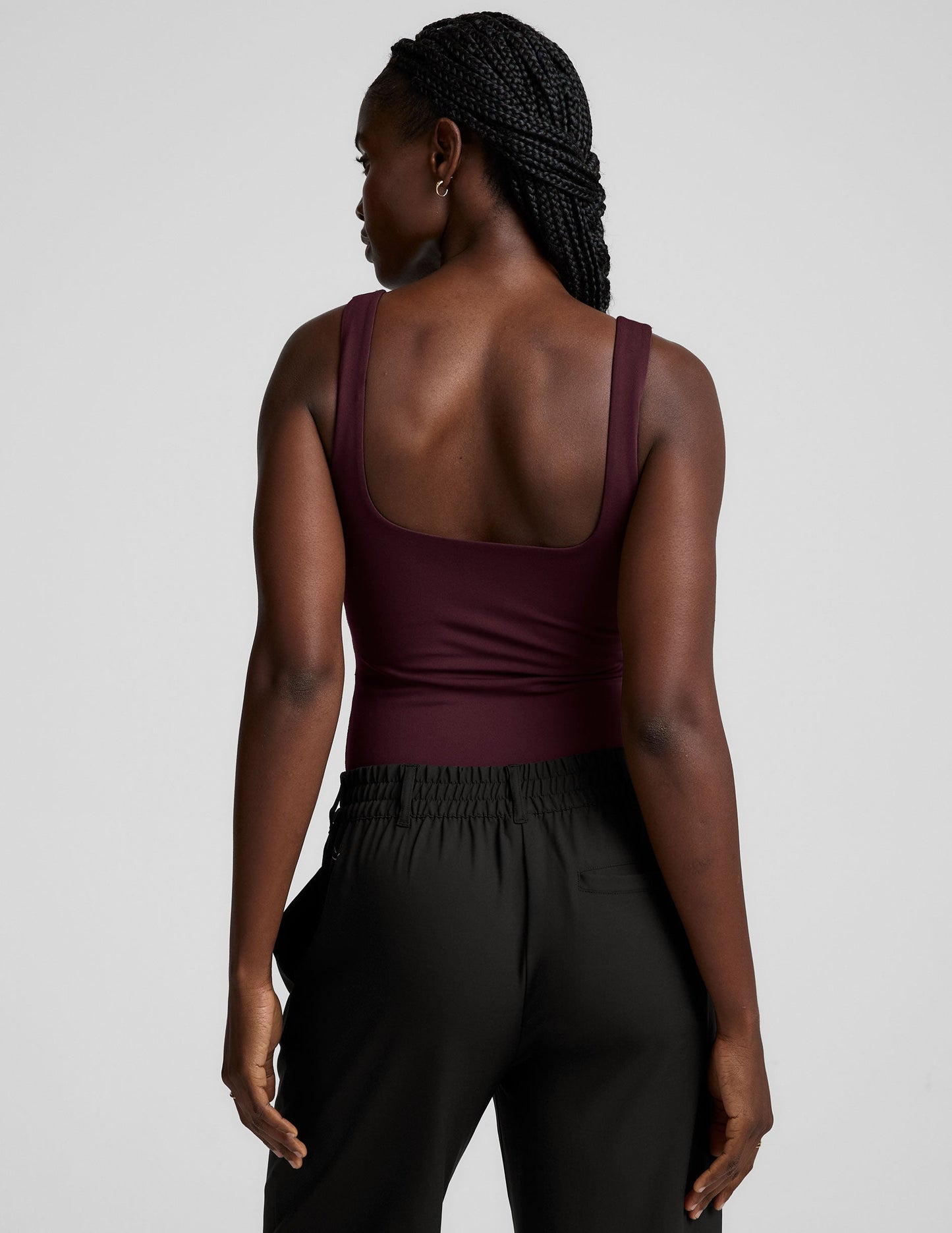 Chic Dark Cherry Double-Layered Tank Bodysuit: Fitted Square Neck Thong Style