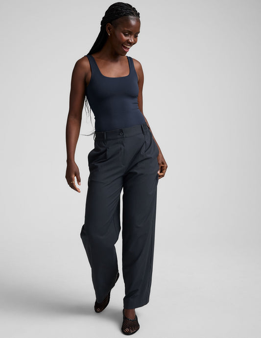 Comfortable Flowy Mid-Rise Wide Leg Trouser Pant with Pockets, Nocturnal Navy