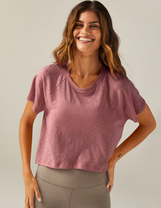 Signature High-Low Cropped Tee: Comfortable Relaxed Fit, Short Sleeve, Stylish Scoop Neck