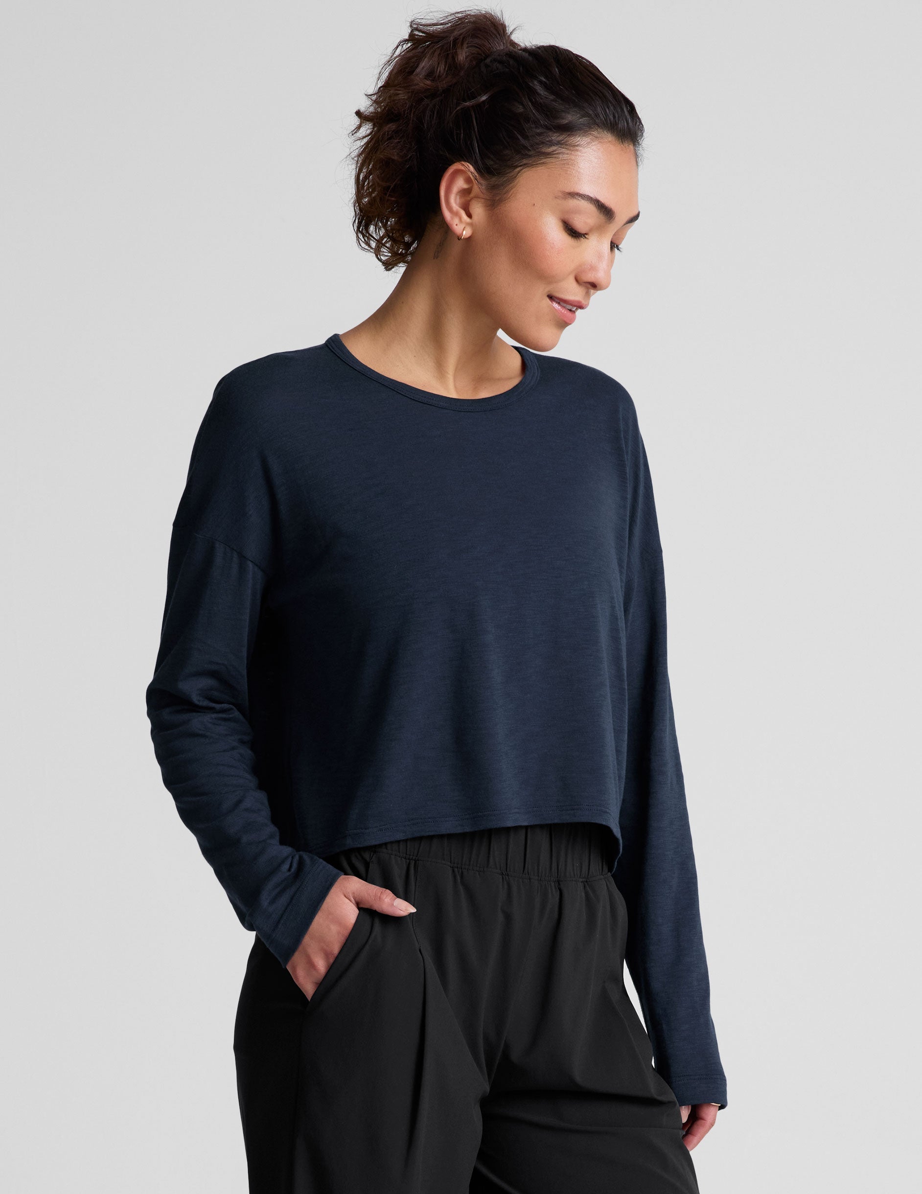Women's Relaxed Fit Slub Jersey High-Low Long Sleeve Top