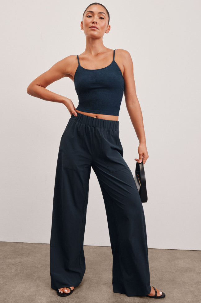 Comfortable Mid-Rise Wide Leg Pants with Pockets - Silky Flowy Stretch Woven Fabric
