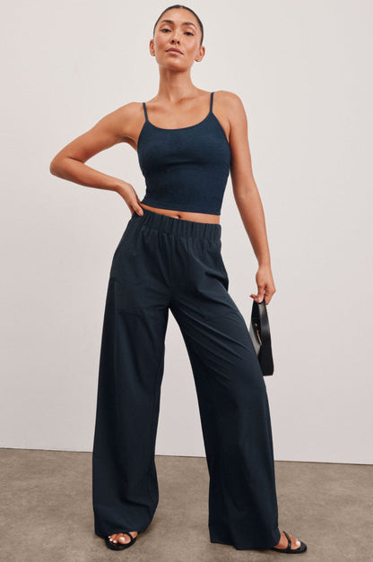 Comfortable Mid-Rise Wide Leg Pants with Pockets - Silky Flowy Stretch Woven Fabric