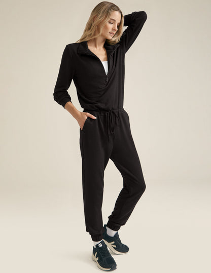 Cozy Fleece Half-Zip Jumpsuit with Pockets and Adjustable Drawstring Waist