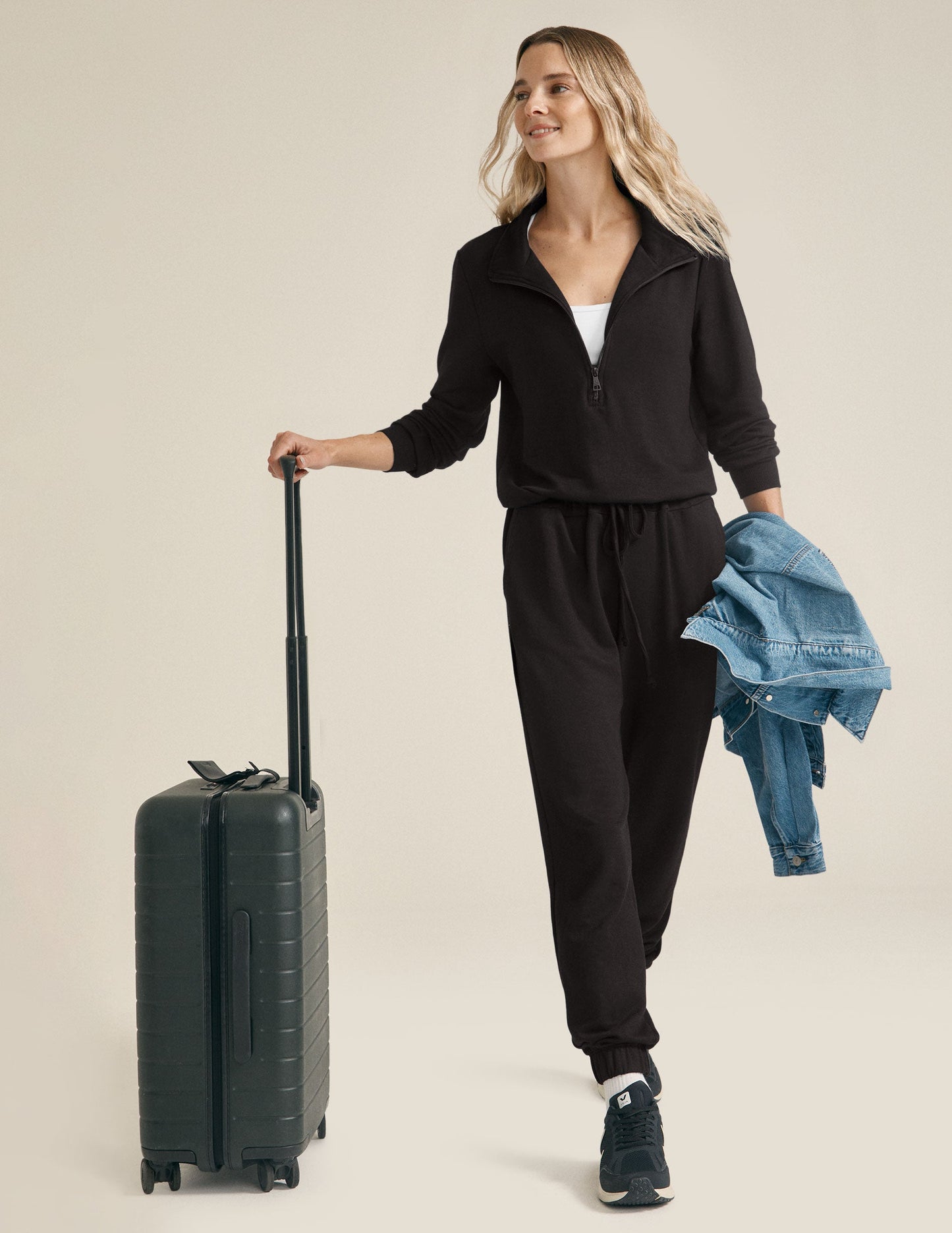 Cozy Fleece Half-Zip Jumpsuit with Pockets and Adjustable Drawstring Waist
