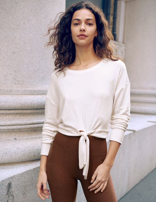 Women's Cozy Tie-Front Pullover Sweater - Relaxed Fit Crew Neck Top
