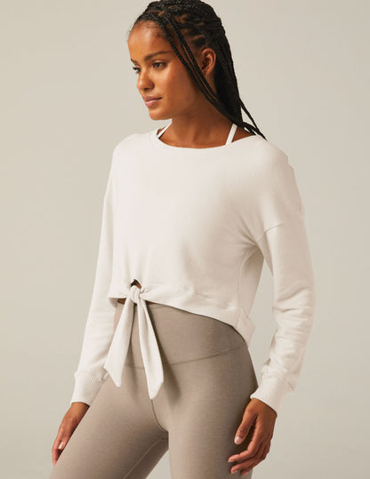 Women's Cozy Tie-Front Pullover Sweater - Relaxed Fit Crew Neck Top