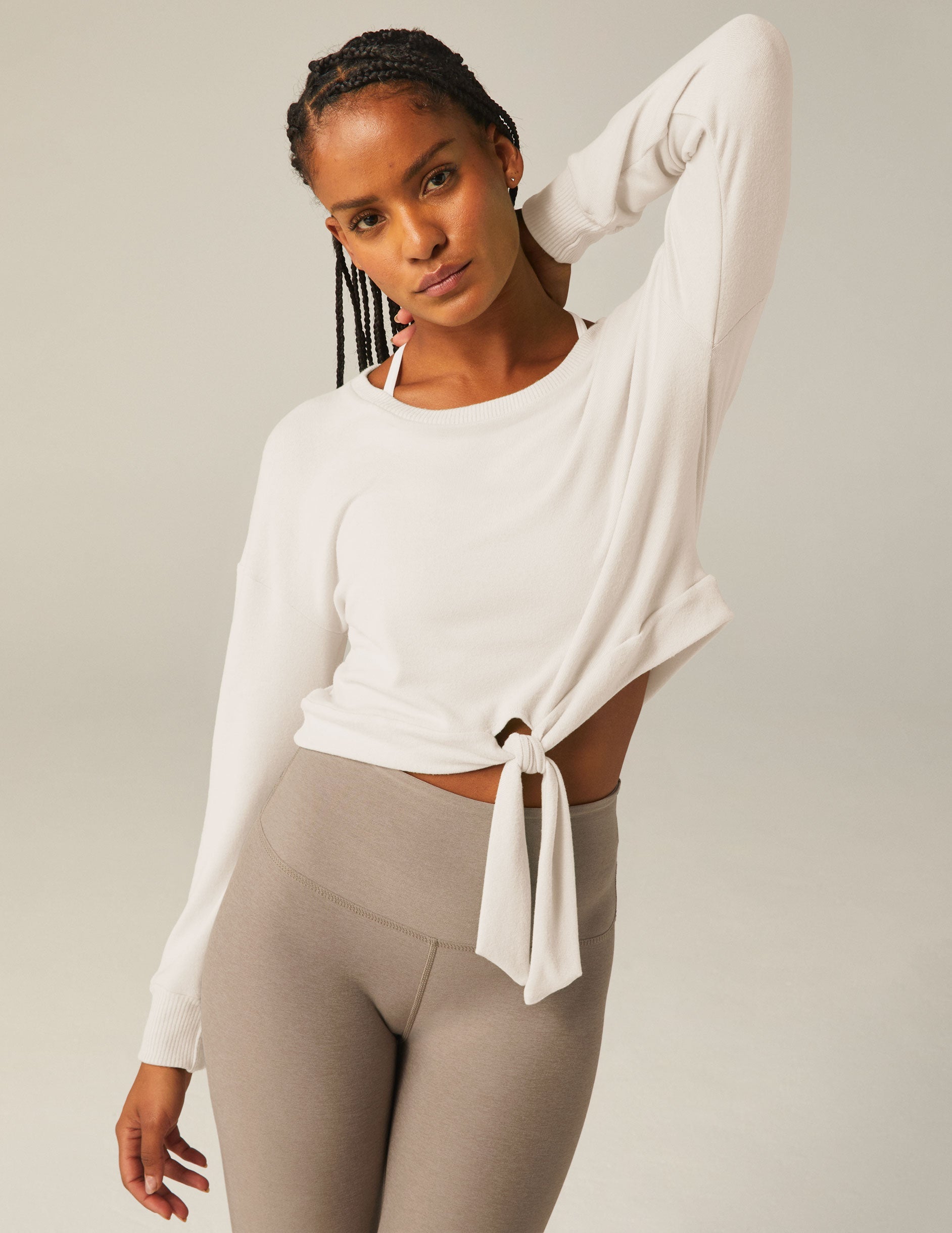 Women's Cozy Tie-Front Pullover Sweater - Relaxed Fit Crew Neck Top