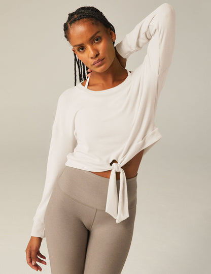 Women's Cozy Tie-Front Pullover Sweater - Relaxed Fit Crew Neck Top