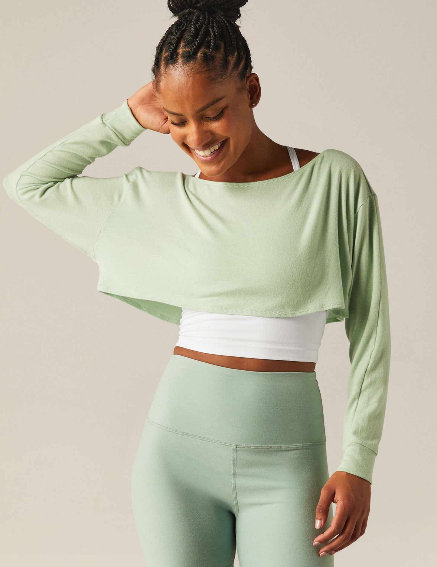 Seafoam Mist Convertible Shrug Top: Women's Cropped Ballet Neck Pullover