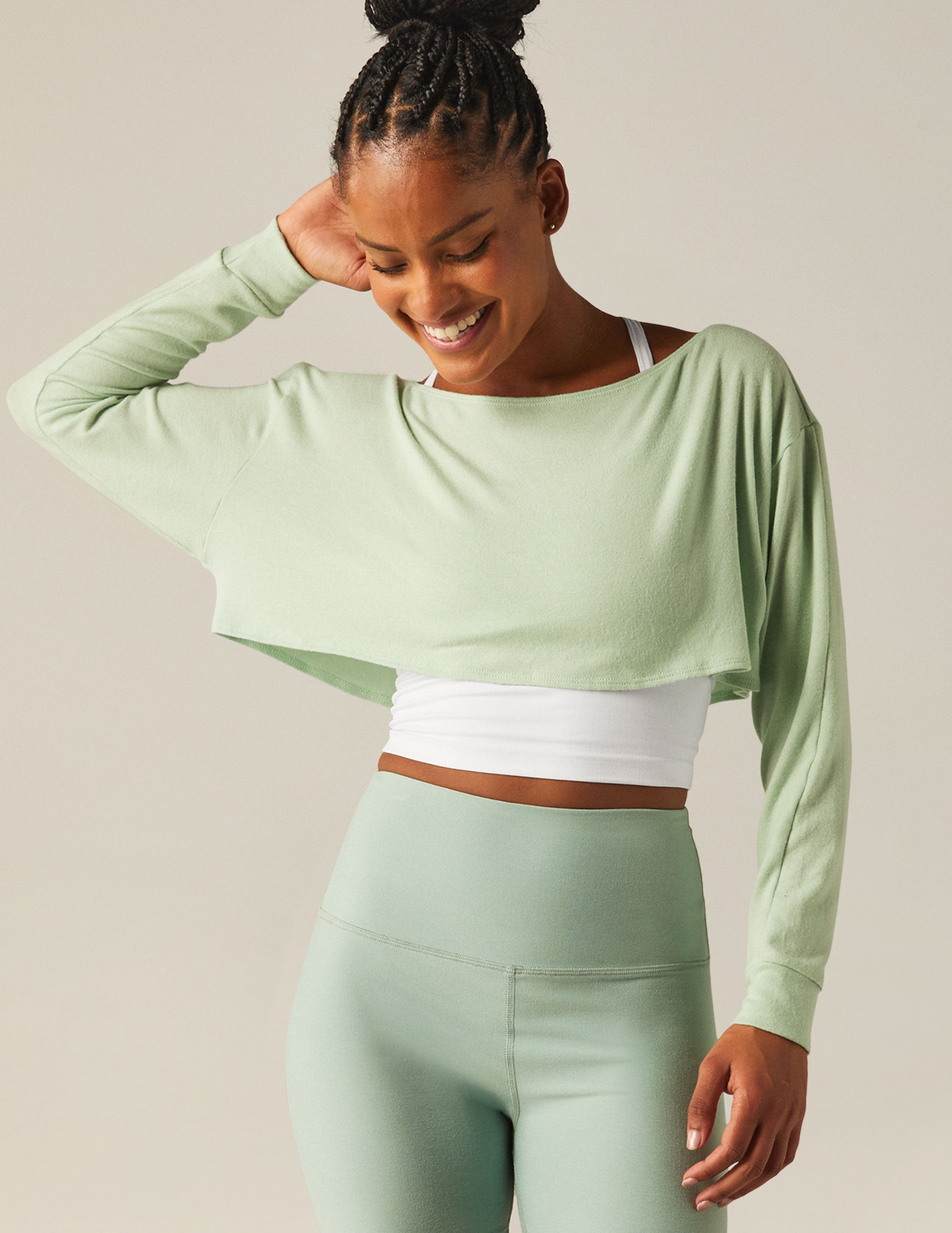 Seafoam Mist Convertible Shrug Top: Women's Cropped Ballet Neck Pullover