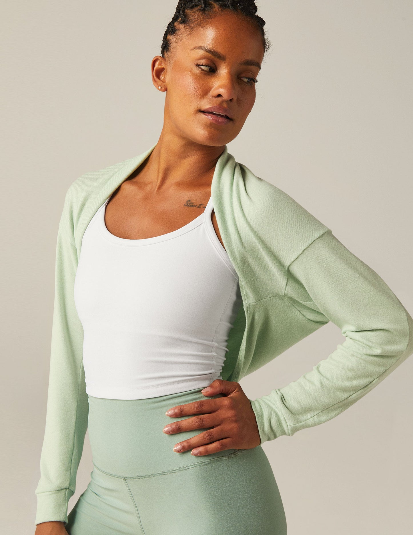 Seafoam Mist Convertible Shrug Top: Women's Cropped Ballet Neck Pullover