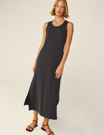 Effortless Comfort Black Tank Midi Dress: Soft Stretch, Flattering Side Slit