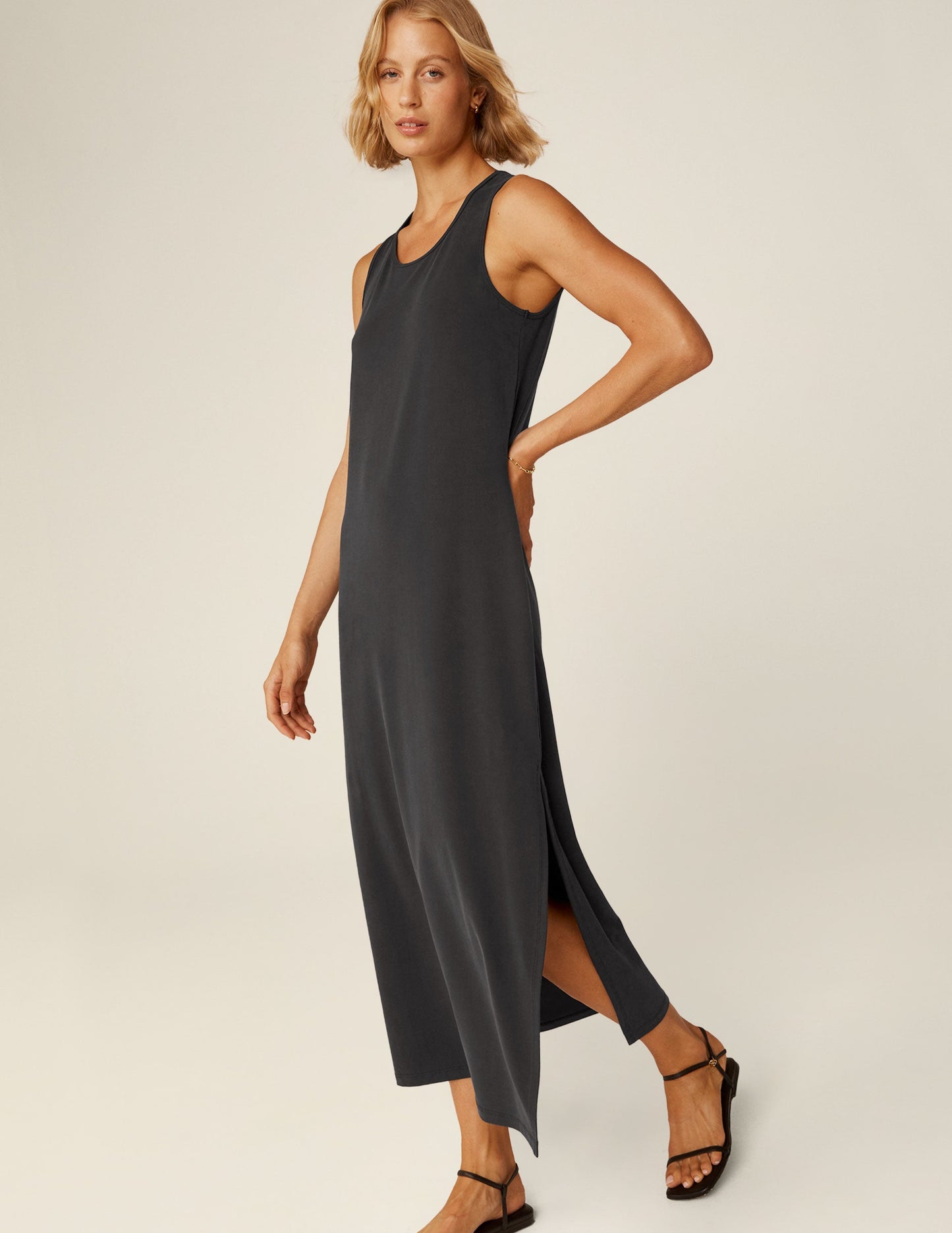 Effortless Comfort Black Tank Midi Dress: Soft Stretch, Flattering Side Slit