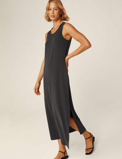 Effortless Comfort Black Tank Midi Dress: Soft Stretch, Flattering Side Slit