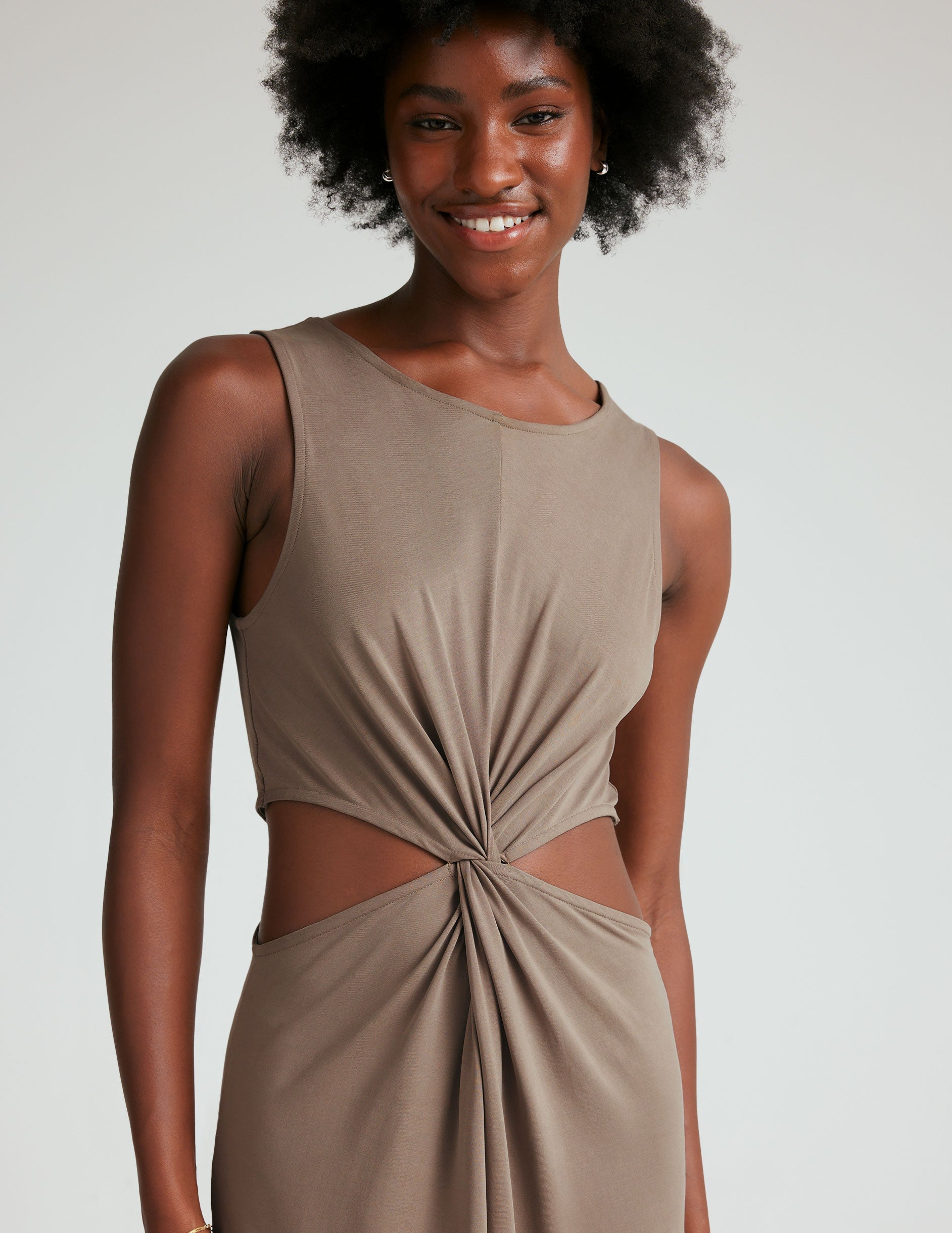 Flattering Front Twist Midi Dress with Side Slits, Soft Sueded Stretch Fabric