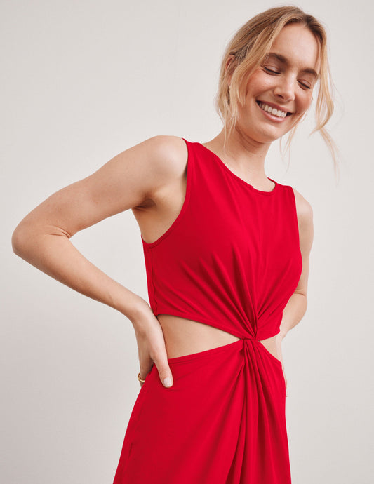 Versatile Midi Front Twist Dress: Soft, Stretchy, Flattering Cutout Waist Design