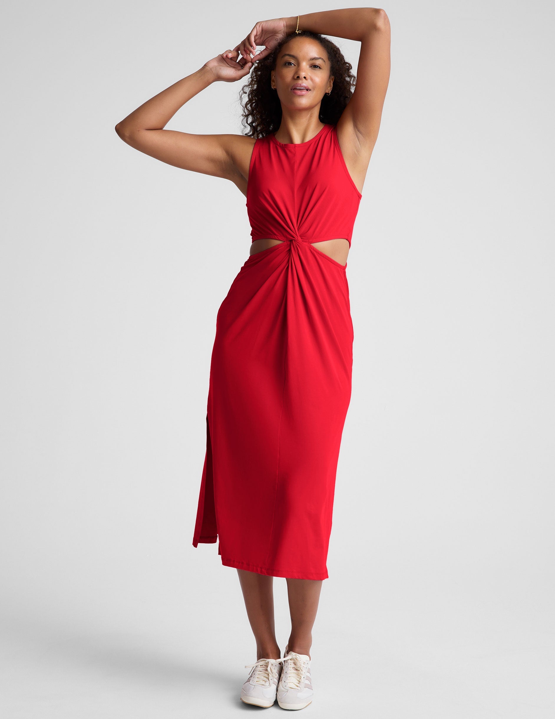 Versatile Midi Front Twist Dress: Soft, Stretchy, Flattering Cutout Waist Design