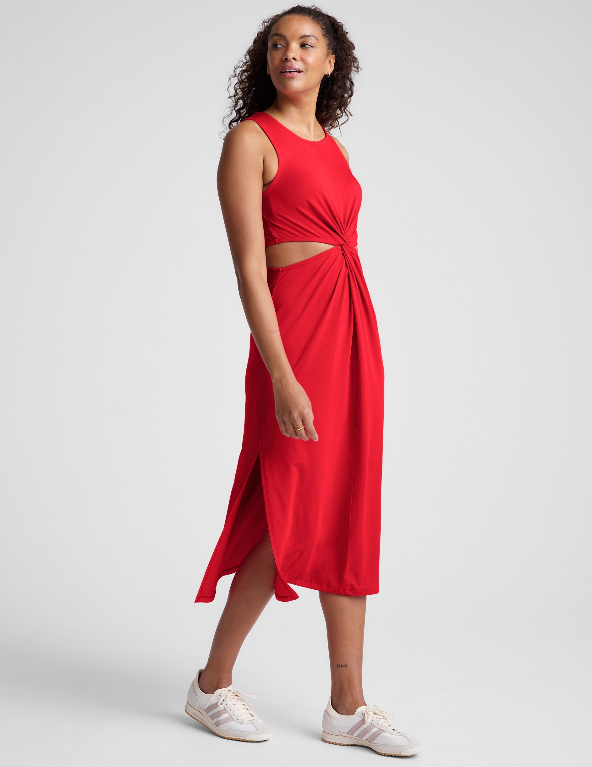 Versatile Midi Front Twist Dress: Soft, Stretchy, Flattering Cutout Waist Design