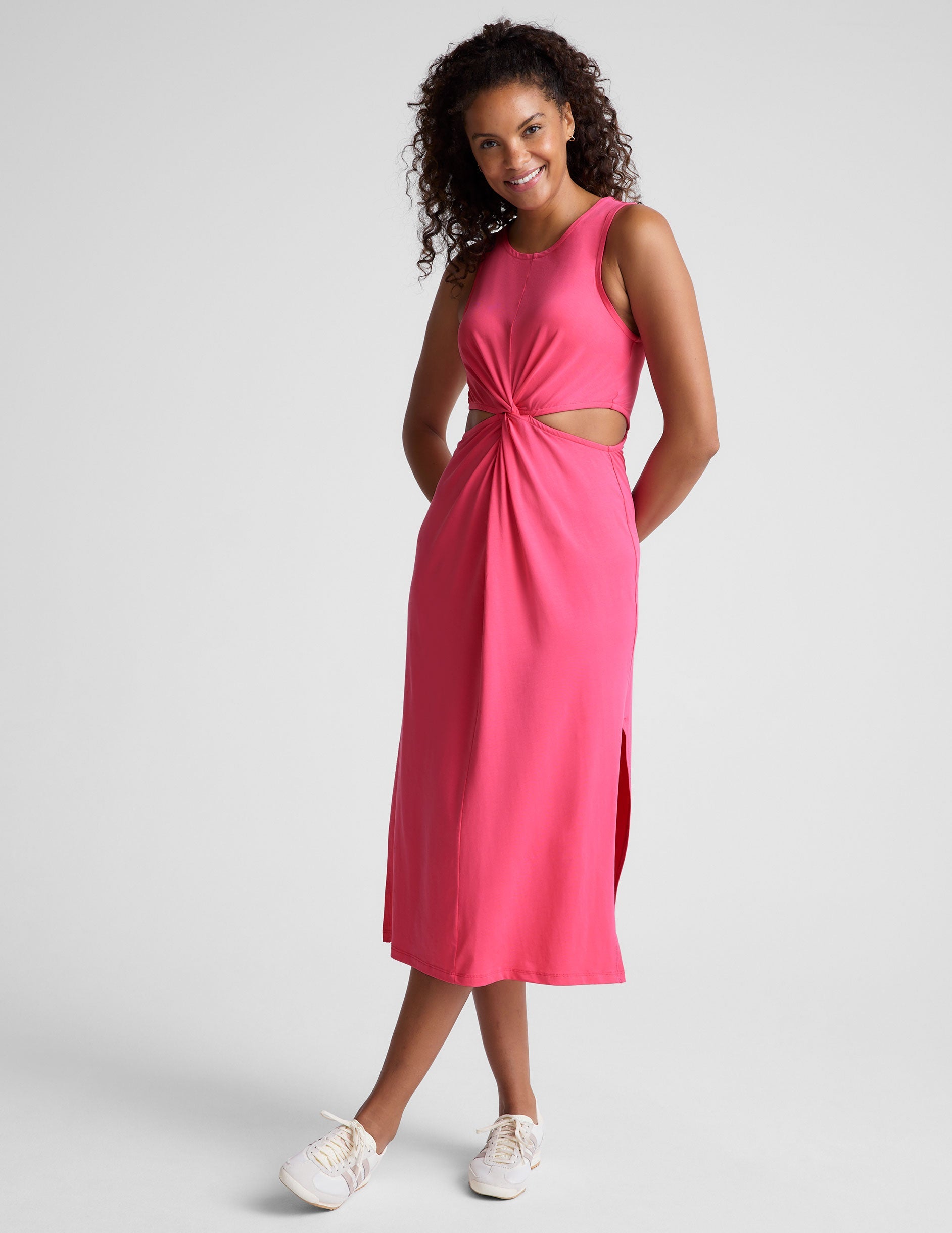 Elegant Pink Midi Dress with Front Twist Detail and Side Slits