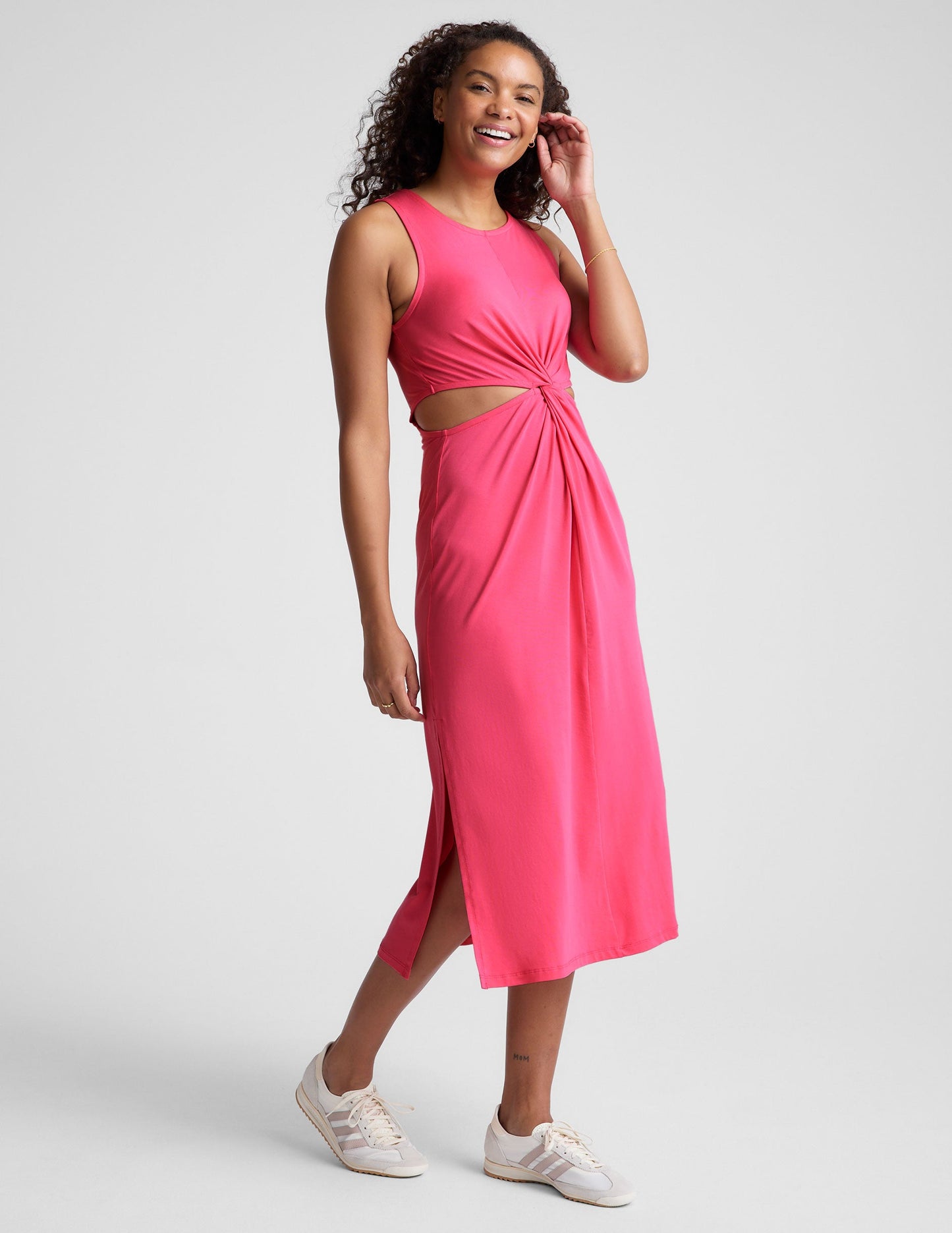 Elegant Pink Midi Dress with Front Twist Detail and Side Slits
